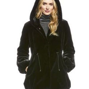 BLACK SHEARED BEAVER HOODED FAUX FUR ANORAK COAT